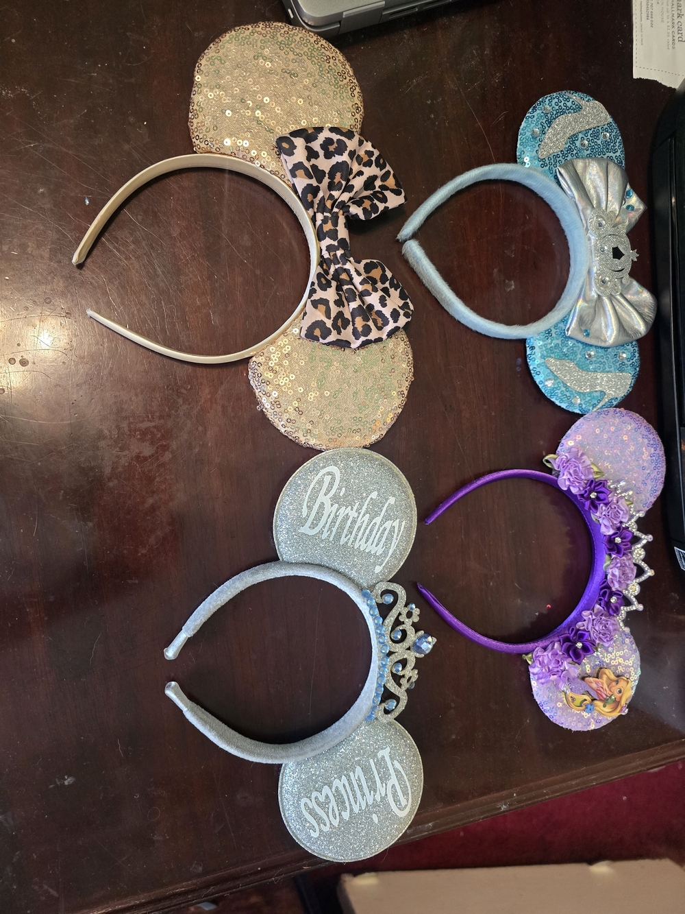 8 Assorted Sparkle Mouse Ear Headbands - Leopard, Birthday, Purple Floral, Blue